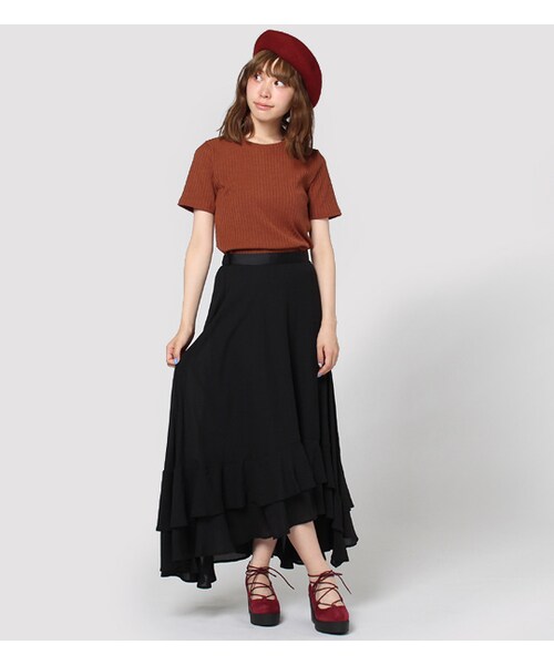 PAGEBOY（ページボーイ）の「イレギュラ―ヘムフレアロングスカート（スカート・レディース・ブラック/ダークレッド/カーキ）」の4枚目の写真