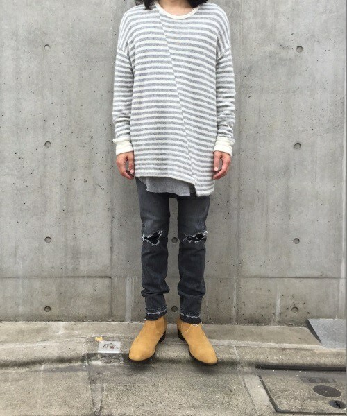 DIET BUTCHER（ダイエットブッチャー）の「DIET BUTCHER SLIM SKIN ボーダーアシンメトリールーズプルオーバー（ニット/セーター・メンズ・ブラック/グレー・FREE）」の13枚目の写真