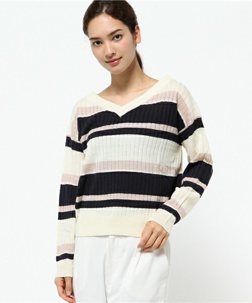 archives（アルシーヴ）の「ワイドリブマルチボーダーニット（ニット/セーター・レディース・オフホワイト/ブラック/キャメル・MEDIUM）」の2枚目の写真