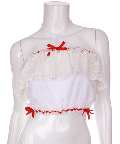 Bobon21（ボボンニジュウイチ）の「ラブリーフリルオフショルベアトップス（チューブトップ・レディース・ピンク/ホワイト・S/M/L）」の2枚目の写真