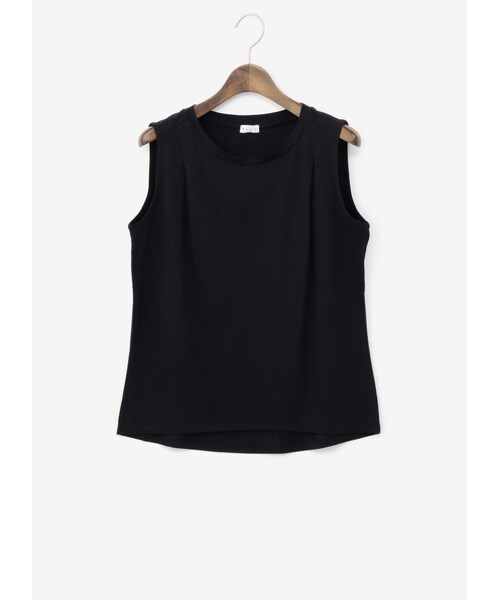 PLST（プラステ）の「ストレッチモダールノースリーブカットソー（カットソー・レディース・050 ﾌﾞﾗｯｸ/100 ｵﾌﾎﾜｲﾄ/480 ﾌﾞﾗｳﾝ/560 ｲｴﾛｰ/680 ｶｰｷ/890 ﾀﾞｰｸﾈｲﾋﾞｰ・M）」の6枚目の写真