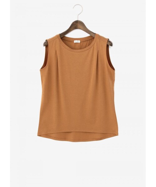 PLST（プラステ）の「ストレッチモダールノースリーブカットソー（カットソー・レディース・050 ﾌﾞﾗｯｸ/100 ｵﾌﾎﾜｲﾄ/480 ﾌﾞﾗｳﾝ/560 ｲｴﾛｰ/680 ｶｰｷ/890 ﾀﾞｰｸﾈｲﾋﾞｰ・M）」の4枚目の写真