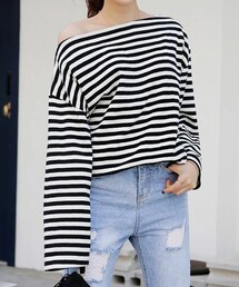 DHOLIC | ワイドシルエットボートネックボーダーTシャツ(Tシャツ/カットソー)