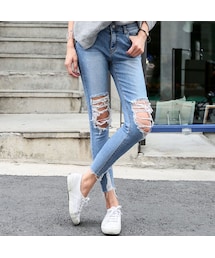 no brand | フレイドヘム加工ダメージデニム(デニムパンツ)