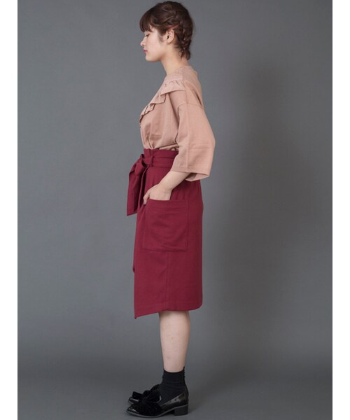 w closet（ダブルクローゼット）の「リボン付きアシメラップスカート（スカート・レディース・ベージュ/オレンジ/Dレッド・FREE）」の5枚目の写真