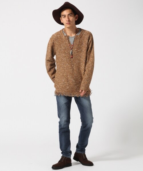 RAGEBLUE(レイジブルー)の「MIXフリンジキーネックニット(トップス・グレー系/ブラウン系・M/L)」の12枚目の写真