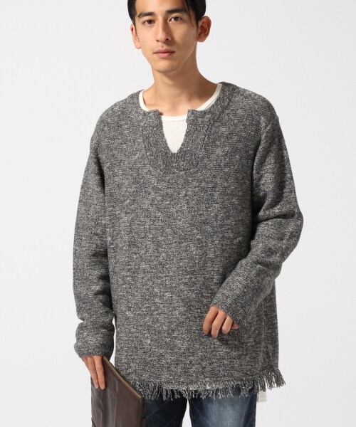 RAGEBLUE(レイジブルー)の「MIXフリンジキーネックニット(トップス・グレー系/ブラウン系・M/L)」の1枚目の写真