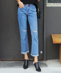 DHOLIC | ニーダメージフリンジヘムデニムパンツ(デニムパンツ)