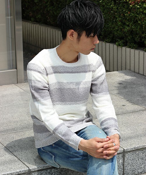 glory crew（グローリークルー）の「ミドルゲージマルチボーダーニット（ニット/セーター・メンズ・ブラック/杢グレー/カーキ/ネイビー/マスタード・M/L/LL）」の2枚目の写真