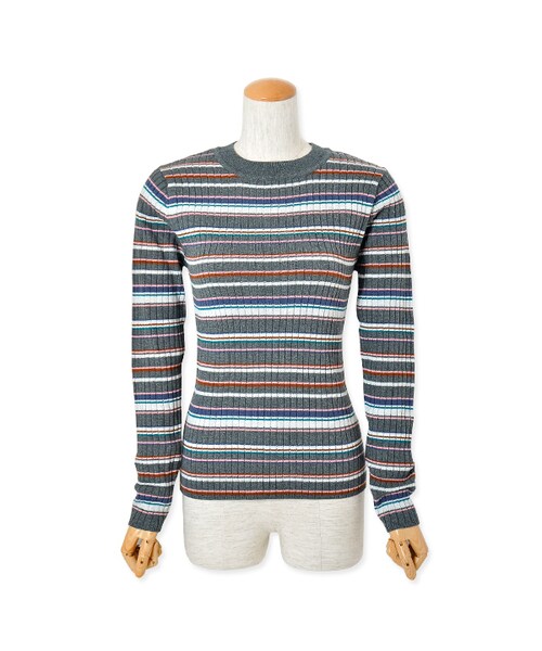 flower（フラワー）の「rib fine border ～ﾘﾌﾞﾌｧｲﾝﾎﾞｰﾀﾞｰ（ニット/セーター・レディース・white/gray/red・FREE）」の2枚目の写真