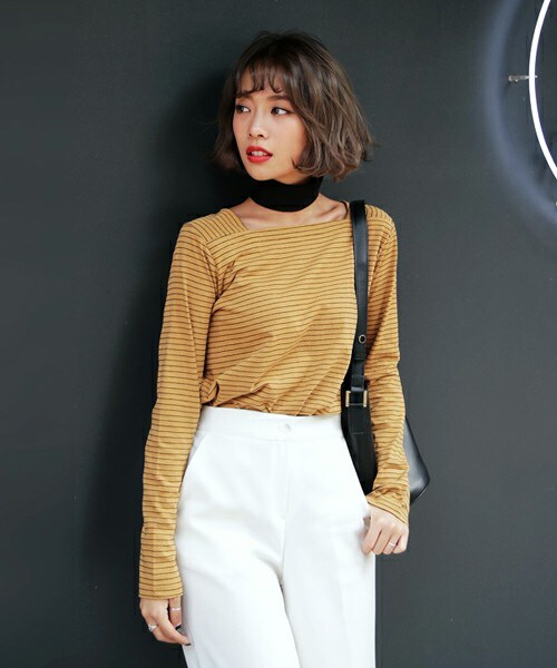 DHOLIC（ディーホリック）の「スクエアネックボーダーTシャツ（Tシャツ/カットソー・レディース・ホワイトアイボリー/マスタード/ダークグリーン・FREE）」の3枚目の写真