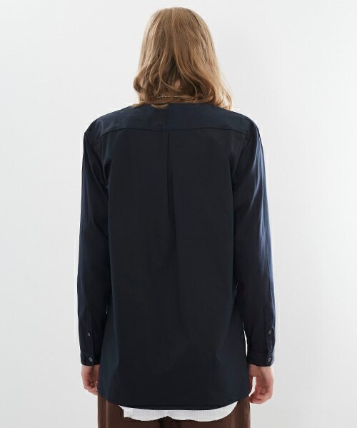STUDIOUS◆STUDIOU/ノーカラーコンビシャツ/長袖シャツ/106300006/2/コットン/紺/ネイビー ステュディオス ノーカラージャケット レディース SIZE 0 (XS