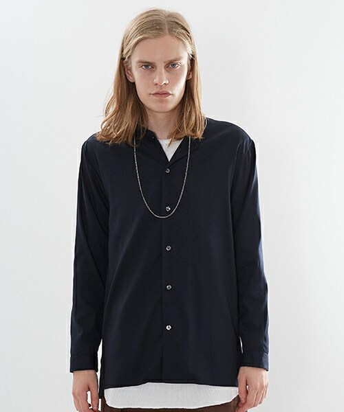 STUDIOUS◆STUDIOU/ノーカラーコンビシャツ/長袖シャツ/106300006/2/コットン/紺/ネイビー ステュディオス ノーカラージャケット レディース SIZE 0 (XS