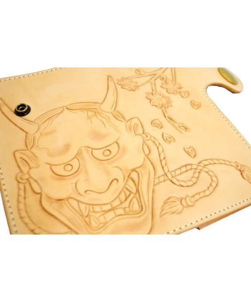 Handmade（ハンドメイド）の「牛革（レザー）般若（はんにゃ）＆桜モチーフカービングクラフト長財布　ロングウォレット ヌメ革 10007145（財布・メンズ・その他）」の4枚目の写真