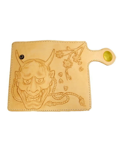 Handmade（ハンドメイド）の「牛革（レザー）般若（はんにゃ）＆桜モチーフカービングクラフト長財布　ロングウォレット ヌメ革 10007145（財布・メンズ・その他）」の3枚目の写真
