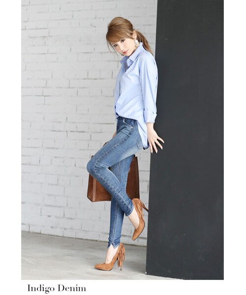 MOERY（モエリー）の「MOERY ORIGINAL（モエリーオリジナル）裾スリットスキニーパンツ（デニムパンツ・レディース・ブラック/ホワイト/インディゴデニム/ブルーグレー・S/M/L）」の16枚目の写真