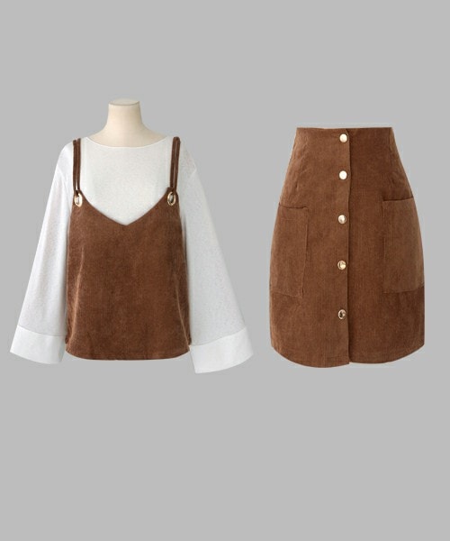 DHOLIC(ディーホリック)の「コーデュロイビスチェ&ミニマルスカート&Tシャツ3SET(アンサンブル・レディース・ブラウン/ブラック・M/L)」の1枚目の写真