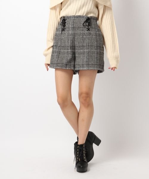 レイヤードチェックショートパンツ チェック柄 ショートパンツ ミニスカート イレギュラーヘム