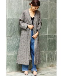 IENA | IENA LA BOUCLE グレンチェックツイード Vネックコート◆(ジャケット/アウター)