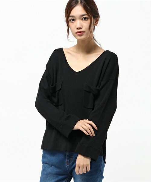 archives（アルシーヴ）の「編み地切替胸ポケット付プルオーバー（ニット/セーター・レディース・ブラック/ダークブラウン/ピンク・MEDIUM）」の2枚目の写真