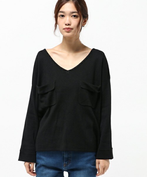 archives（アルシーヴ）の「編み地切替胸ポケット付プルオーバー（ニット/セーター・レディース・ブラック/ダークブラウン/ピンク・MEDIUM）」の4枚目の写真