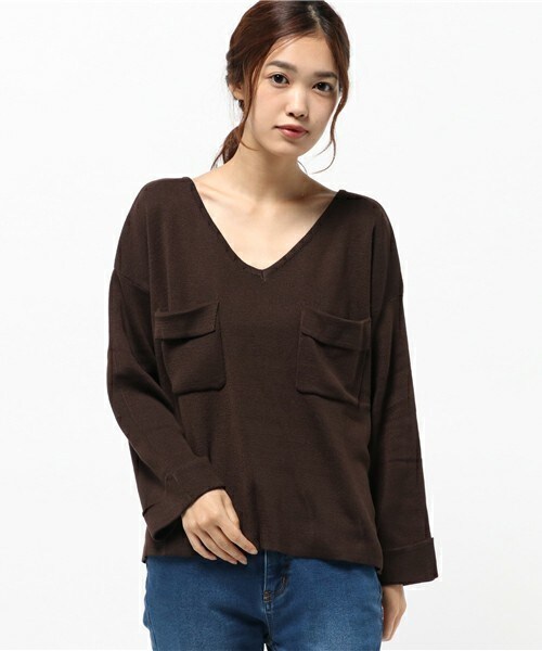 archives（アルシーヴ）の「編み地切替胸ポケット付プルオーバー（ニット/セーター・レディース・ブラック/ダークブラウン/ピンク・MEDIUM）」の3枚目の写真