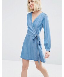 asos | ASOS Denim Soft Wrap Mini Dress in Mid Wash(ワンピース)