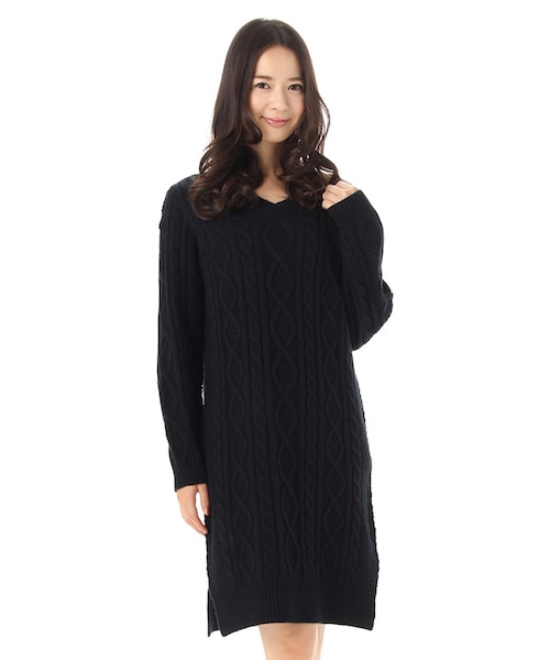 Honeys（ハニーズ）の「Ｖネックワンピース（ワンピース・レディース・アイボリー/コン/アカ/杢グレー/杢ベージュ・Ｍ/Ｌ）」の5枚目の写真