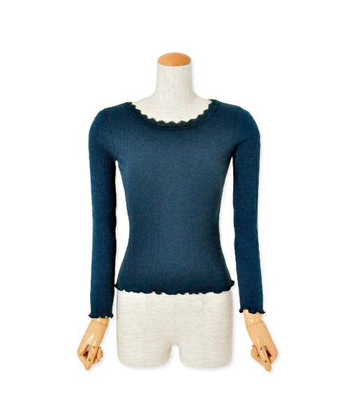 flower（フラワー）の「room lacy L/S　～ﾙｰﾑﾚｰｼｰﾛﾝｸﾞｽﾘｰﾌﾞ（Tシャツ/カットソー・レディース・ivory/D.green・FREE）」の2枚目の写真