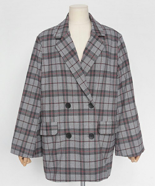 DHOLIC(ディーホリック)の「ワイドスリーブチェックダブルボタンジャケット(テーラードジャケット・レディース・ブラウン/グレー・FREE)」の2枚目の写真