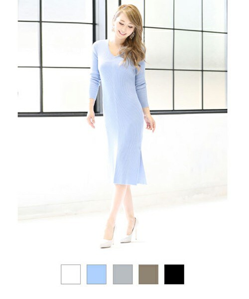 Rocotta by MOERY（ロコッタ）の「Rocotta(ロコッタ) カシミア混ミドル丈リブニットワンピース（ワンピース・レディース・ホワイト/ブルー/グレー/モカ/ブラック・FREE）」の2枚目の写真