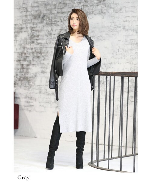 Rocotta by MOERY（ロコッタ）の「Rocotta(ロコッタ) カシミア混ミドル丈リブニットワンピース（ワンピース・レディース・ホワイト/ブルー/グレー/モカ/ブラック・FREE）」の12枚目の写真