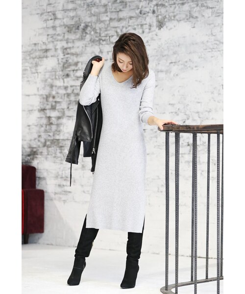 Rocotta by MOERY（ロコッタ）の「Rocotta(ロコッタ) カシミア混ミドル丈リブニットワンピース（ワンピース・レディース・ホワイト/ブルー/グレー/モカ/ブラック・FREE）」の14枚目の写真