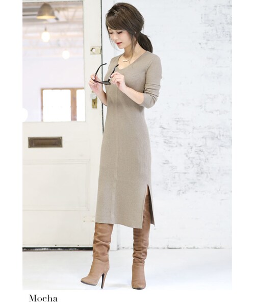 Rocotta by MOERY（ロコッタ）の「Rocotta(ロコッタ) カシミア混ミドル丈リブニットワンピース（ワンピース・レディース・ホワイト/ブルー/グレー/モカ/ブラック・FREE）」の16枚目の写真