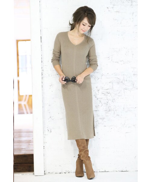 Rocotta by MOERY（ロコッタ）の「Rocotta(ロコッタ) カシミア混ミドル丈リブニットワンピース（ワンピース・レディース・ホワイト/ブルー/グレー/モカ/ブラック・FREE）」の18枚目の写真