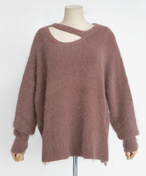 DHOLIC(ディーホリック)の「アンゴラ混ネックカットニットプルオーバー(ニット/セーター・レディース・ピンクブラウン/ダークグリーン・FREE)」の1枚目の写真