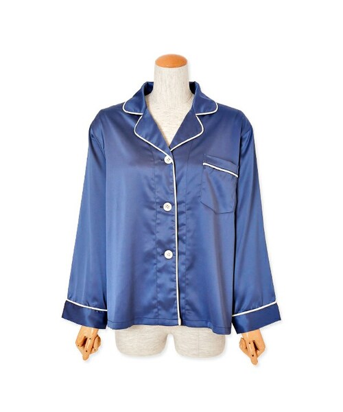 flower（フラワー）の「piping pajamas shirt ～ﾊﾟｲﾋﾟﾝｸﾞﾊﾟｼﾞｬﾏｼｬﾂ（シャツ/ブラウス・レディース・stripe/navy・FREE）」の2枚目の写真