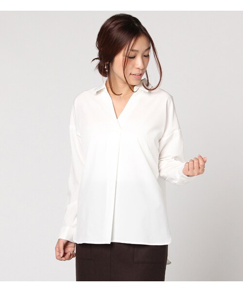 laboratory work(ラボラトリーワーク)の「ストレッチローンスキッパーシャツ(トップス・レディース・オフホワイト/ブラウン/カーキ・M)」の1枚目の写真