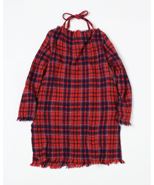 45R フロートタータンチェックチュニック　赤　トップス　チュニック 45R赤チェックチュニック