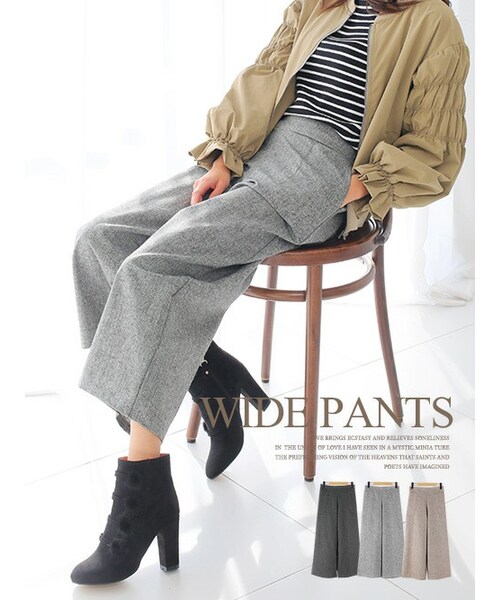 KORMARCH(コマチ)の「ウエストゴムワイドパンツ(Tシャツ/カットソー・レディース・ベージュ,ブラック,グレー・FREEサイズ)」の1枚目の写真