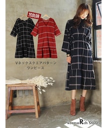 KORMARCH | Vネックスクエアパターンワンピース(ワンピース)