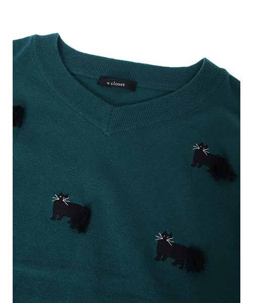 w closet（ダブルクローゼット）の「ネコ刺繍Vネックプルオーバー（トップス・レディース・オフホワイト/グリーン/ブラック・FREE）」の7枚目の写真