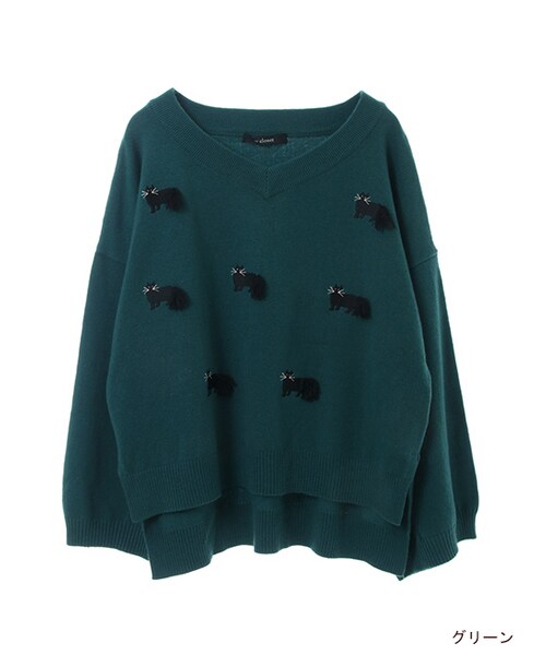 w closet（ダブルクローゼット）の「ネコ刺繍Vネックプルオーバー（トップス・レディース・オフホワイト/グリーン/ブラック・FREE）」の3枚目の写真