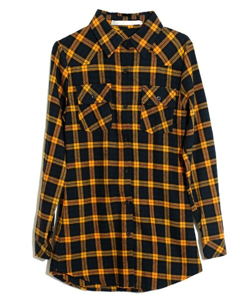 aimoha（アイモハ）の「Aラインチェックシャツチュニック（シャツ/ブラウス・レディース・グリーン/イエロー/ブラウン/ネイビー・S）」の4枚目の写真