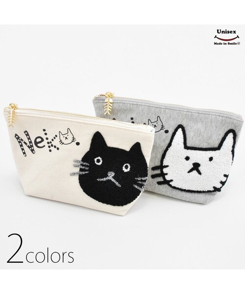 UP SMILE（アップスマイル）の「ねこどっとサガラ刺繍マチ付きポーチ