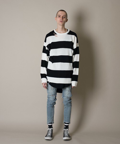 CASPER JOHN AIVER（キャスパージョンアイバー）の「CASPER JOHN AIVER　ダメージビッグニット（ニット/セーター・メンズ・ホワイト×ブラック/ブラック/ブラック×レッド・MEDIUM/LARGE）」の16枚目の写真