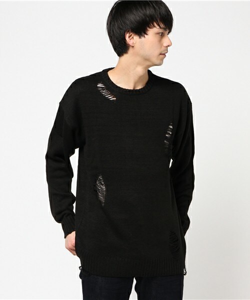 CASPER JOHN AIVER（キャスパージョンアイバー）の「CASPER JOHN AIVER　ダメージビッグニット（ニット/セーター・メンズ・ホワイト×ブラック/ブラック/ブラック×レッド・MEDIUM/LARGE）」の9枚目の写真