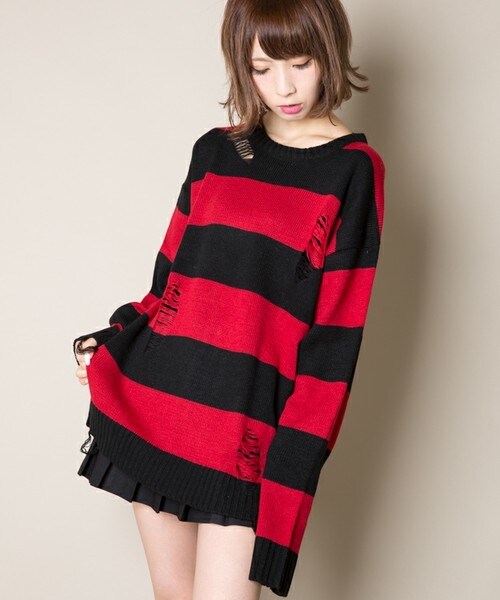 CASPER JOHN AIVER（キャスパージョンアイバー）の「CASPER JOHN AIVER　ダメージビッグニット（ニット/セーター・メンズ・ホワイト×ブラック/ブラック/ブラック×レッド・MEDIUM/LARGE）」の13枚目の写真