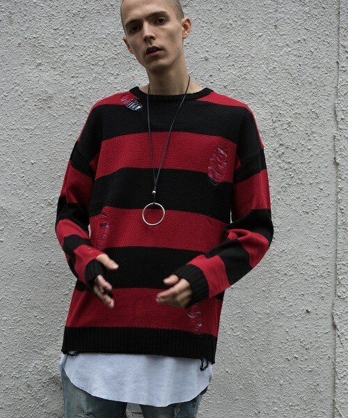 CASPER JOHN AIVER（キャスパージョンアイバー）の「CASPER JOHN AIVER　ダメージビッグニット（ニット/セーター・メンズ・ホワイト×ブラック/ブラック/ブラック×レッド・MEDIUM/LARGE）」の3枚目の写真