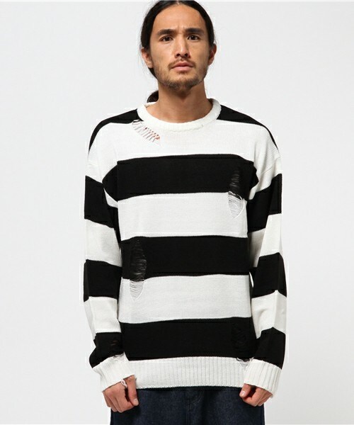 CASPER JOHN AIVER（キャスパージョンアイバー）の「CASPER JOHN AIVER　ダメージビッグニット（ニット/セーター・メンズ・ホワイト×ブラック/ブラック/ブラック×レッド・MEDIUM/LARGE）」の8枚目の写真